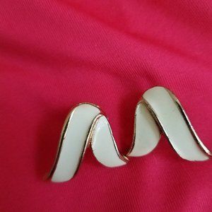 Enameled Ribbon Clip On Earrings White Ivory